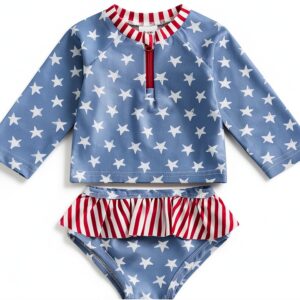 Patriotic Toddler Girls Rash Guard Set Long Sleeve Swimwear-0