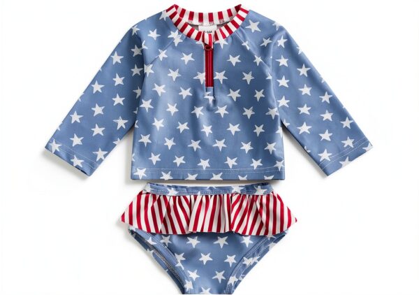 Patriotic Toddler Girls Rash Guard Set Long Sleeve Swimwear-0