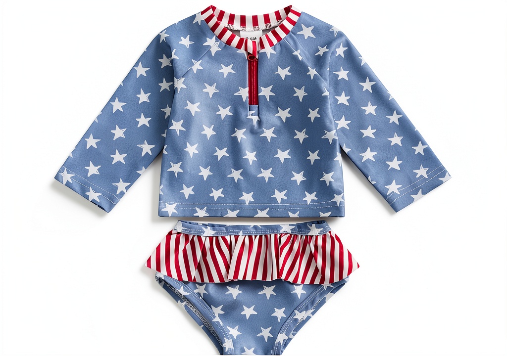 Toddler girl wearing patriotic rash guard swimsuit at the beach