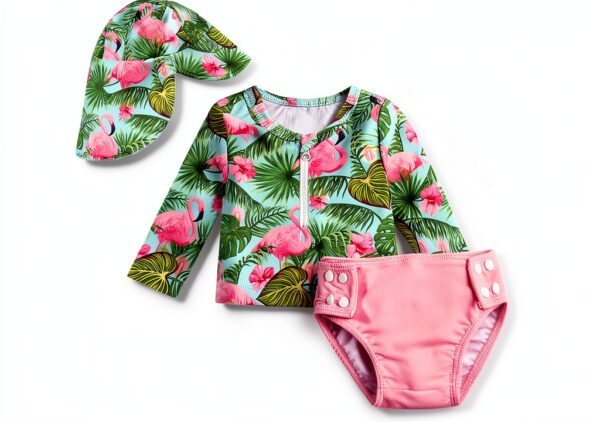 HINTINA Baby Girl Swimsuit Long Sleeve Rash Guard Set-0