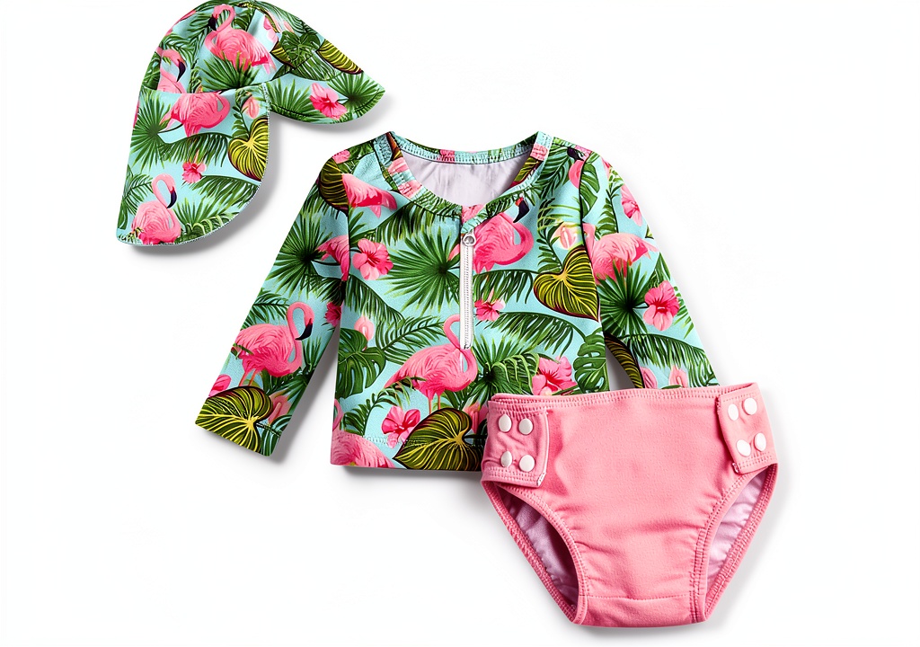 HINTINA Baby Girl Swimsuit Set being used during beach day with infant