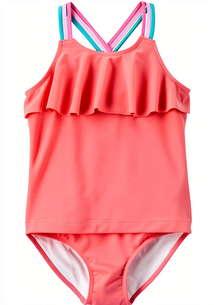 Baby girl wearing orange ruffle cross strap rash guard set at the beach