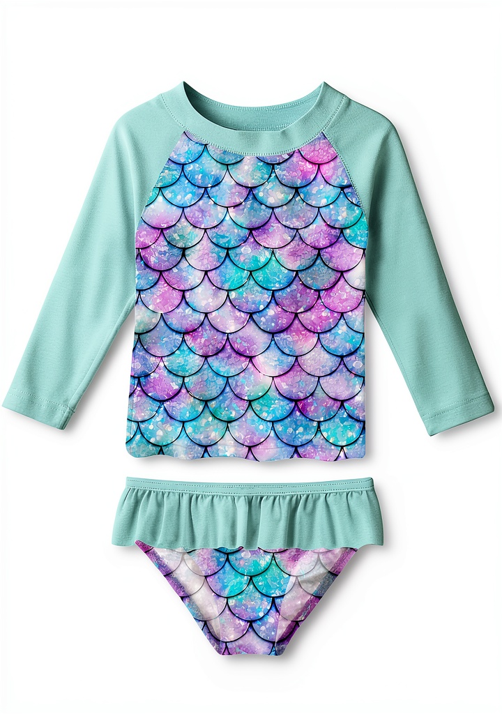 Baby girl wearing the rash guard set at the beach