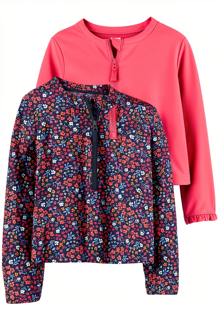 Baby girl wearing Carter's Navy Floral/Pink rashguard at pool