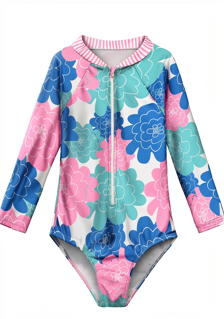 Baby girl wearing the rash guard swimsuit at the beach