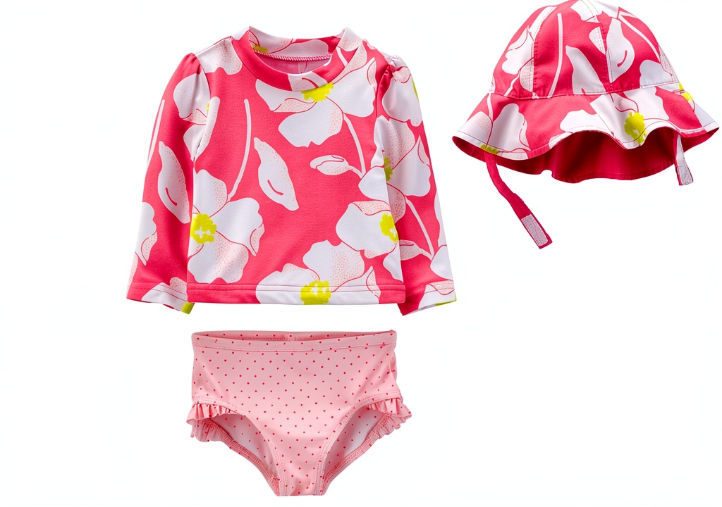 Baby girl wearing the pink floral swim set at the beach
