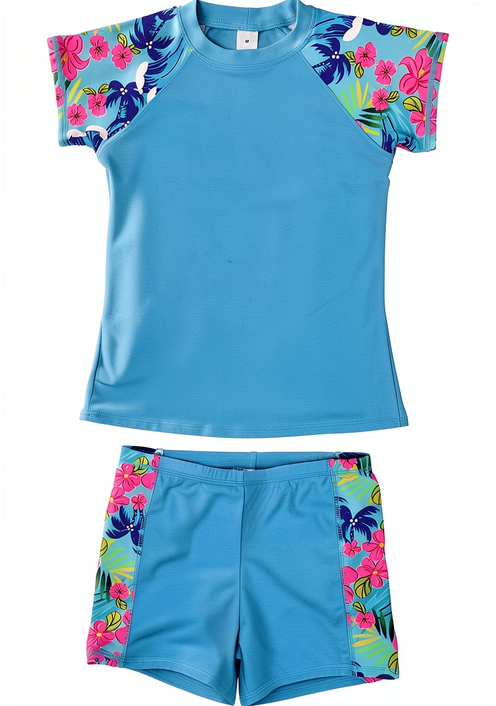 Baby girl wearing the UPF 50 swimsuit set on a sunny beach