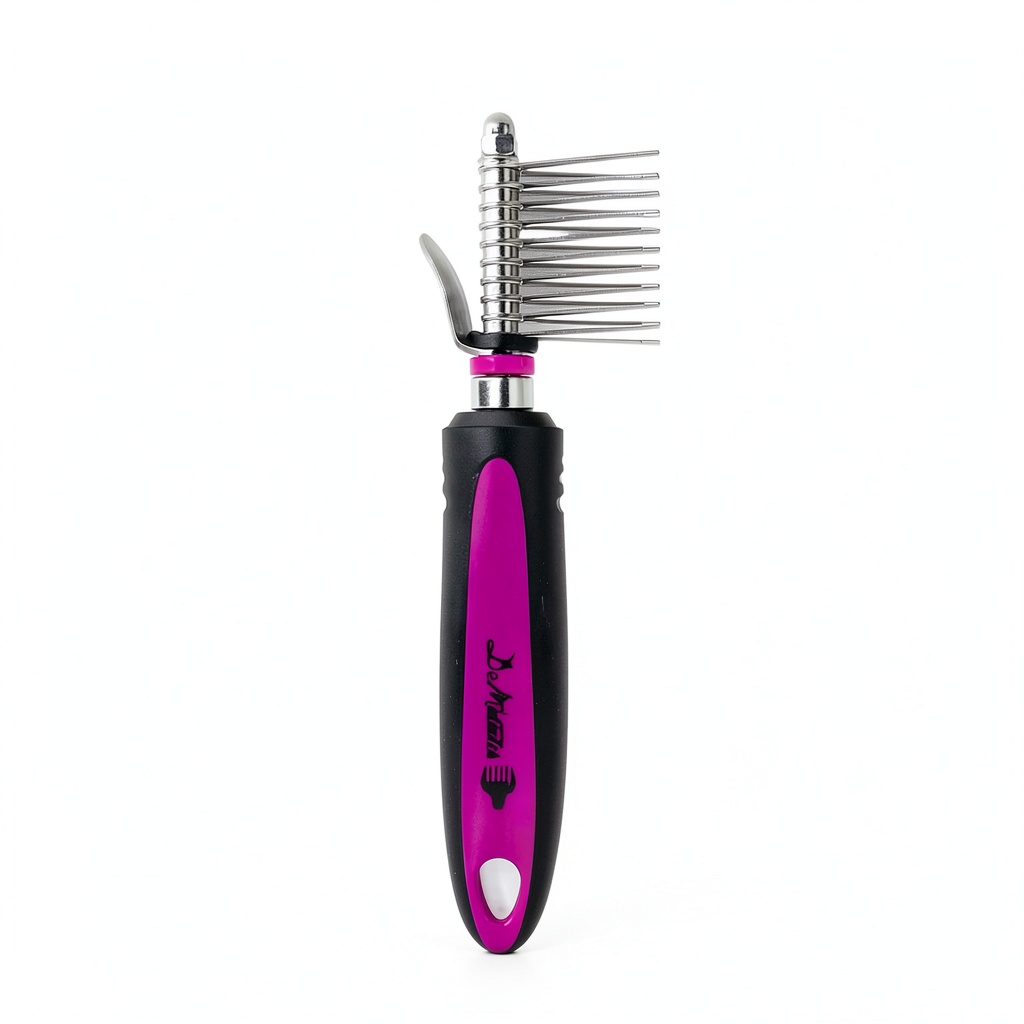 DeMatador Dog Grooming Rake in use on a dog's coat