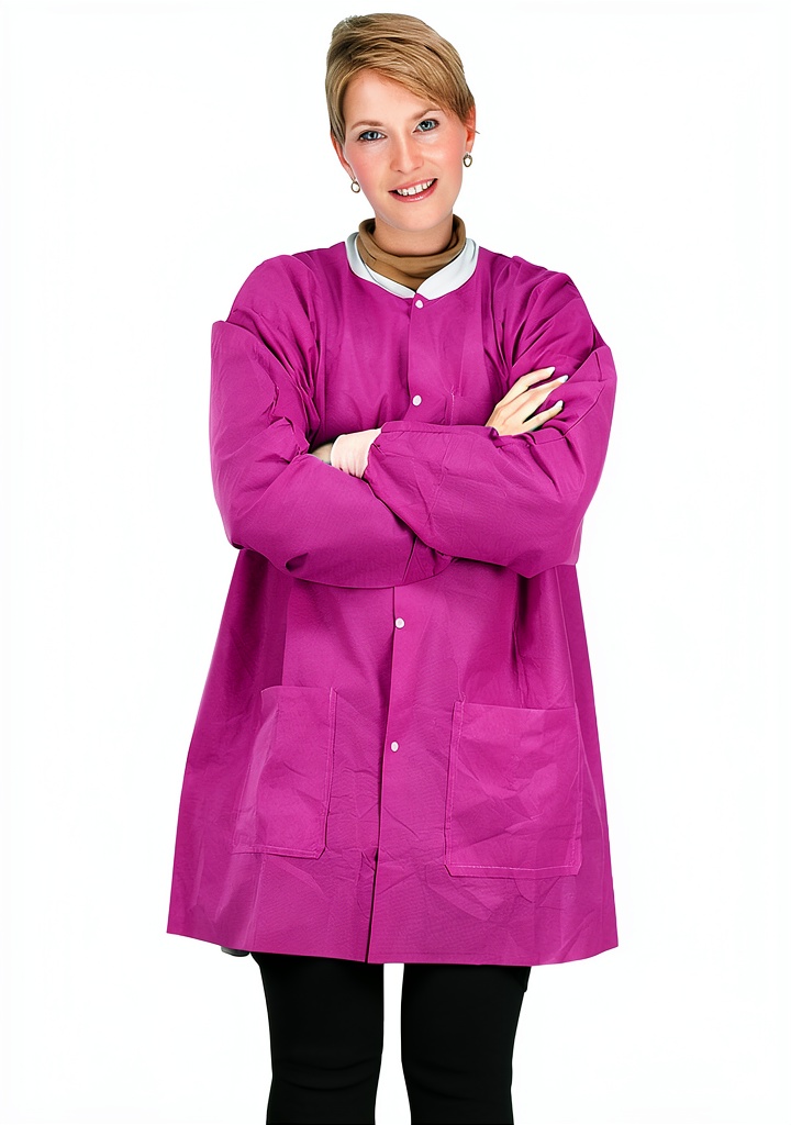 JEVOLVE Lab Jackets Non‑Woven SMS Fabric Medical Dental displayed on a dental chair with a practitioner wearing the jacket