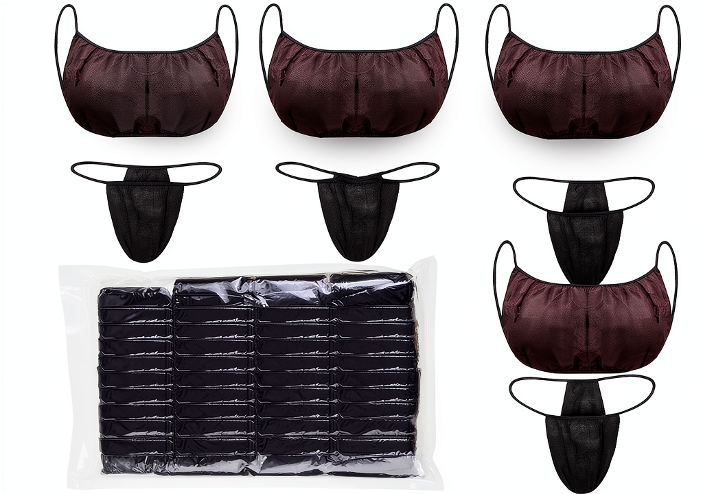 Disposable bra and thong set displayed in individual packaging