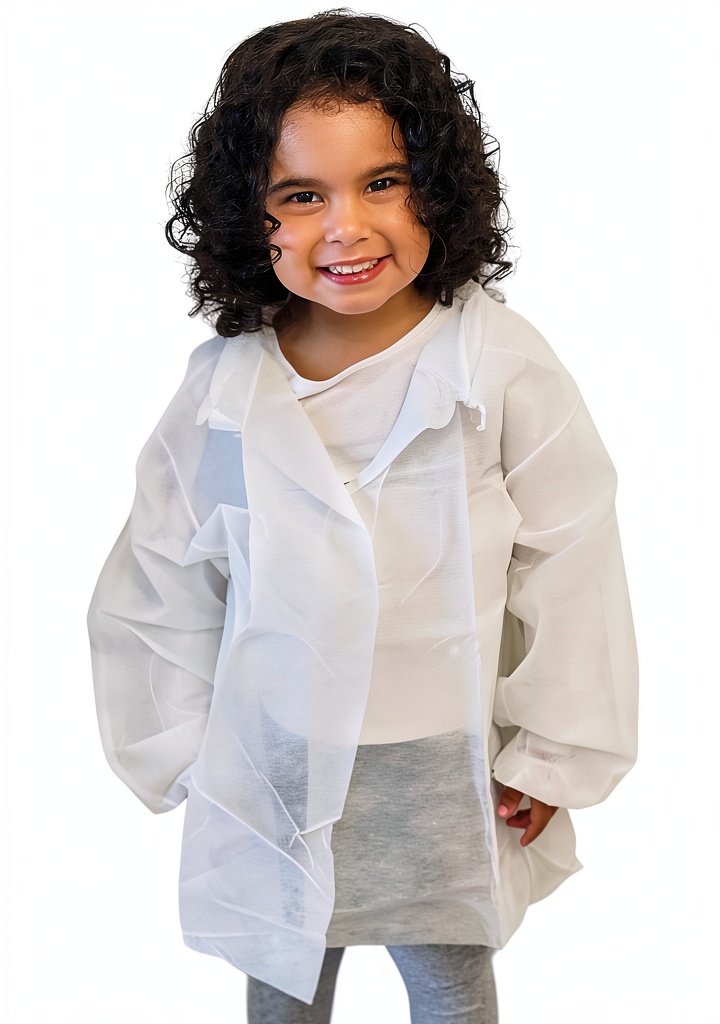 Child wearing disposable lab coat during a science experiment