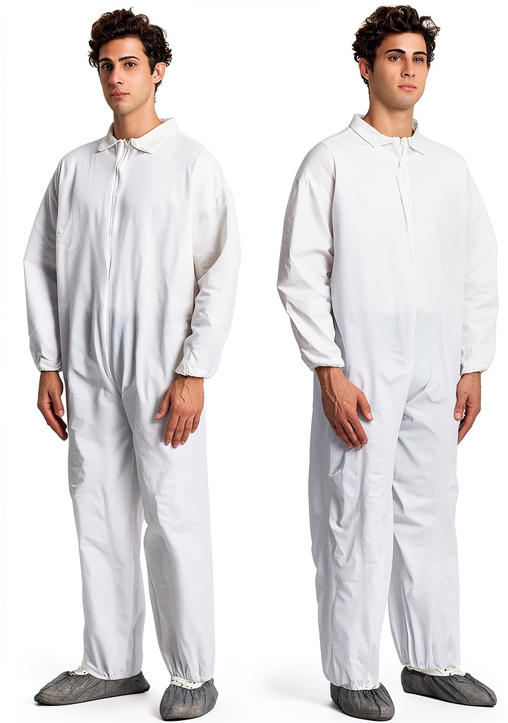 Worker wearing Greenour white disposable coveralls while painting a wall