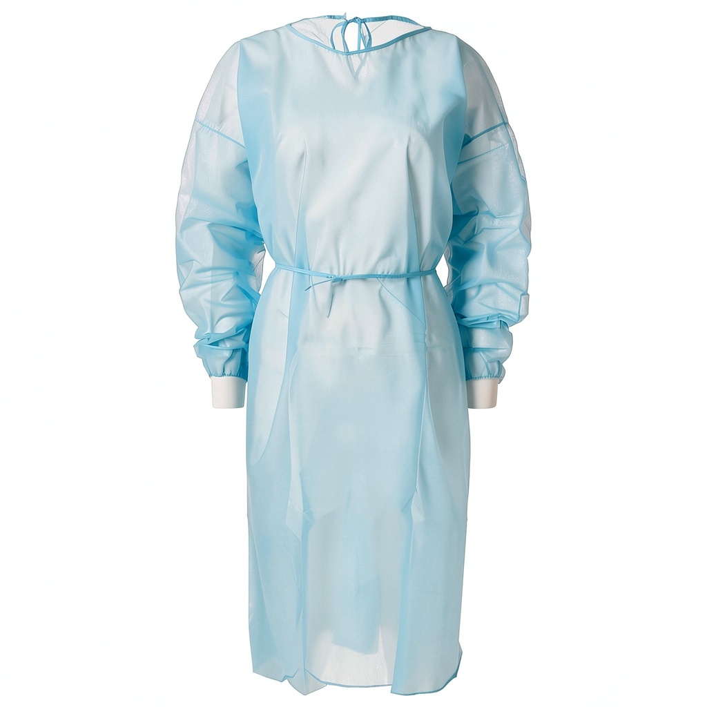 Healthcare professional wearing blue disposable isolation gown in a clinical setting